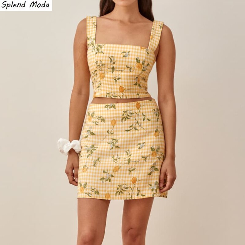 Splend Moda 2021 여름 패션 탄성 뒤로 자르기 탑 프랑스 빈티지 프레리 세련된 달콤한 격자 무늬 레몬 프린트 캐미솔